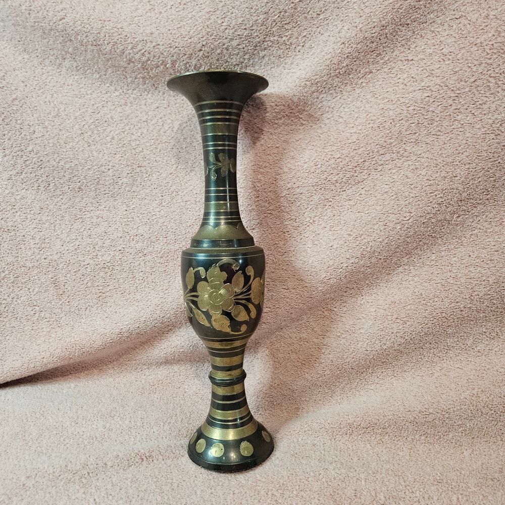 Vintage Etched Solid Brass and Black Enamel Floral Decorative Vase Made in India